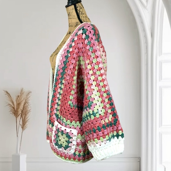 Handcrafted Crochet Granny Square Hexagon Sweater Cardigan New Open Front - Picture 8 of 12